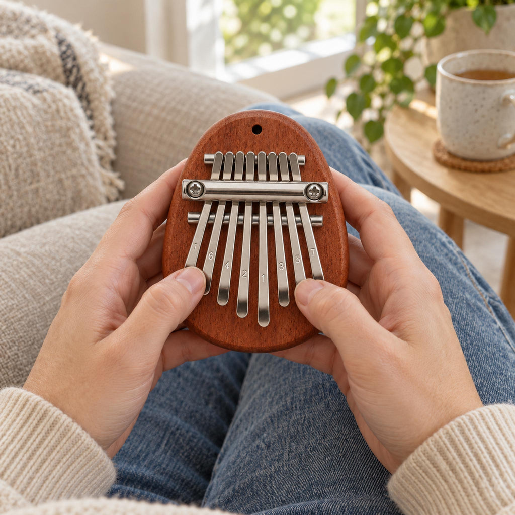 Hands playing portable 8-key wooden pocket thumb piano at office desk