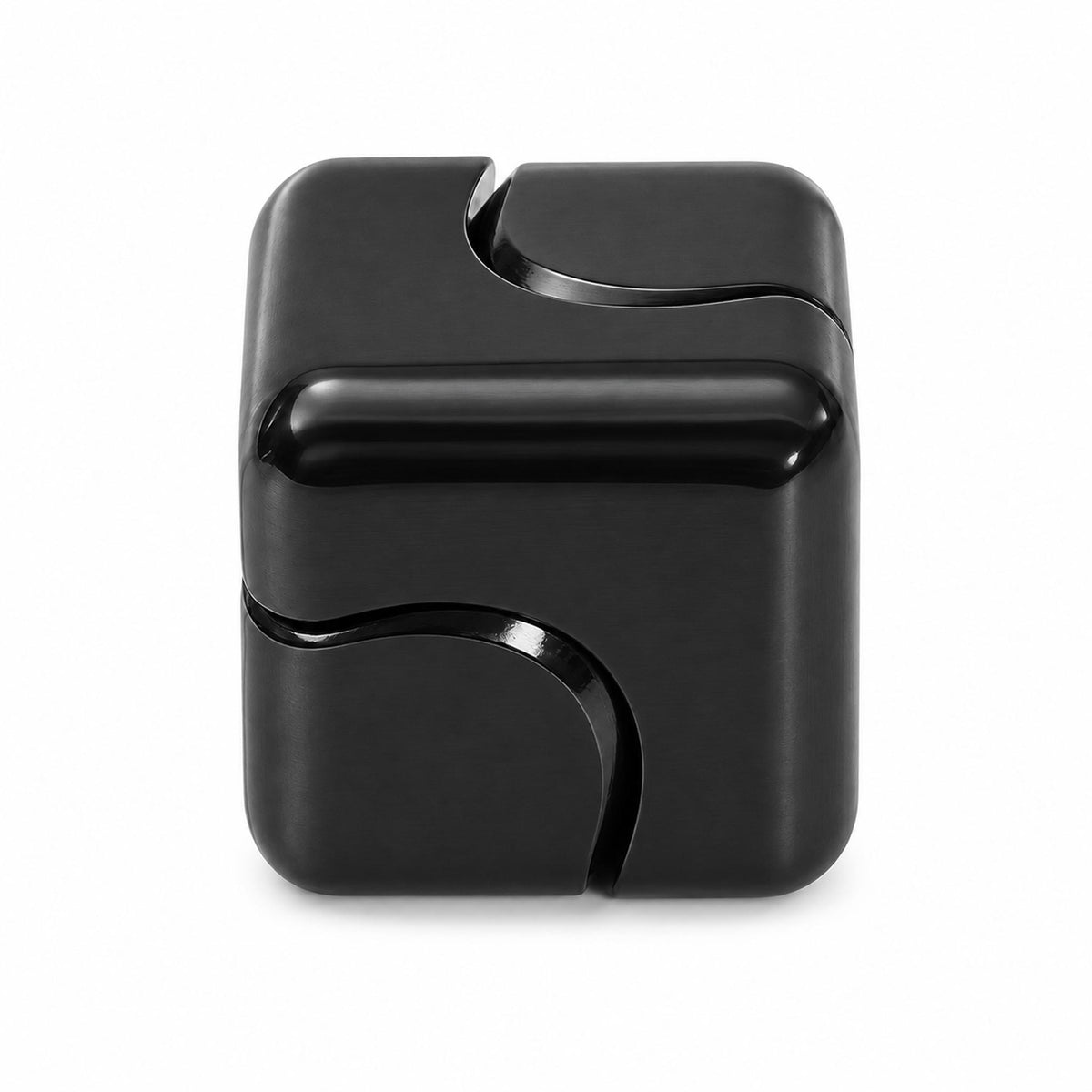 Black metal fidget cube with contoured panels and deep curved grooves