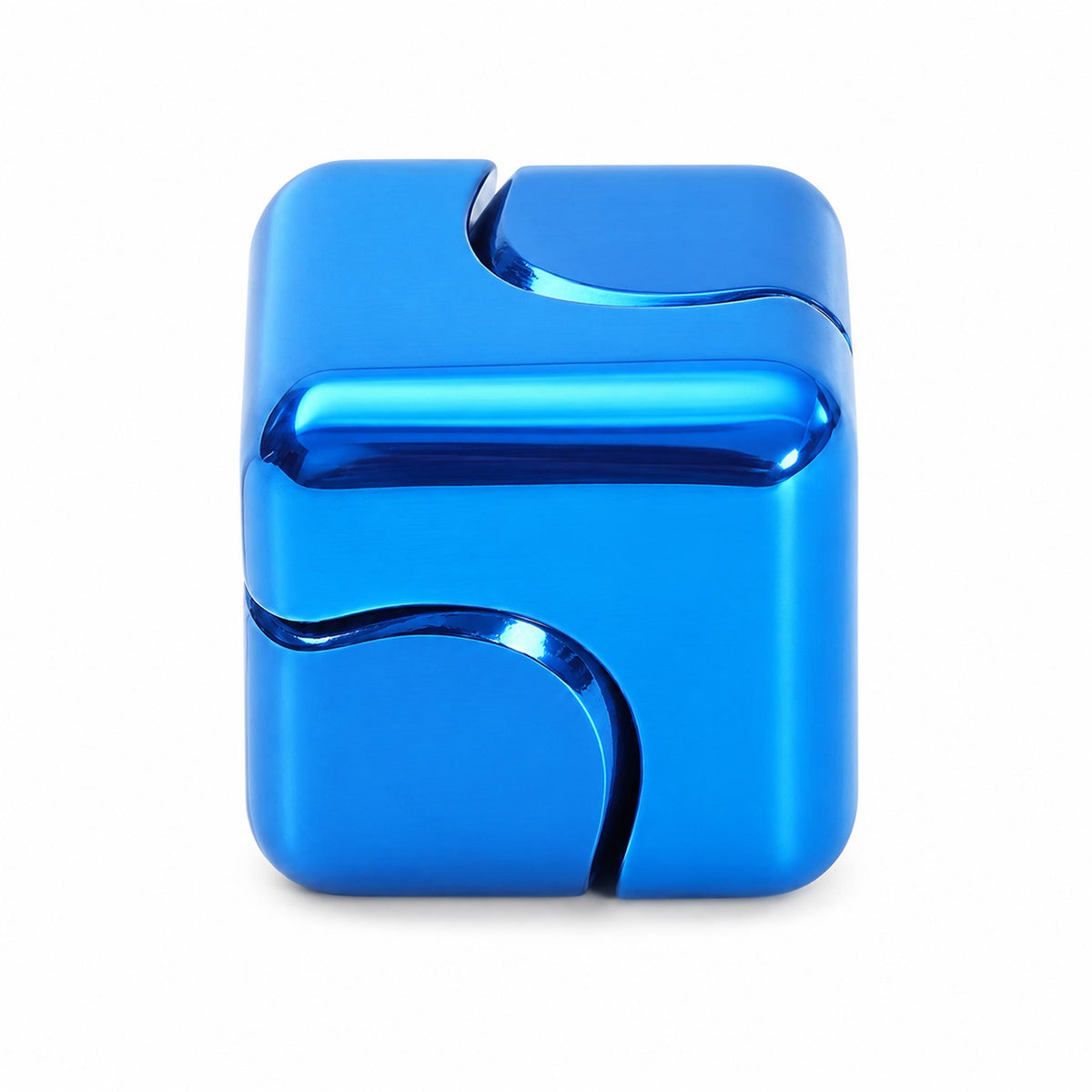 Blue alloy fidget cube featuring glossy surfaces and geometric panels