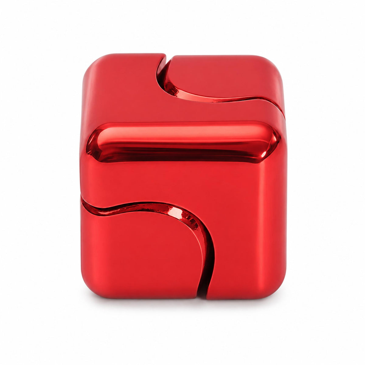 Red metal fidget cube with rounded corners and sculpted front panels