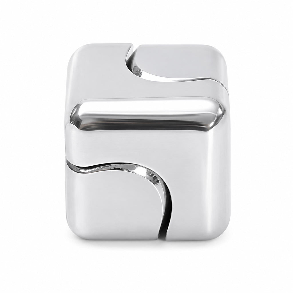 Silver alloy fidget cube with a reflective finish and curved panel edges