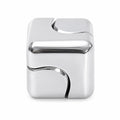 Silver alloy fidget cube with a reflective finish and curved panel edges