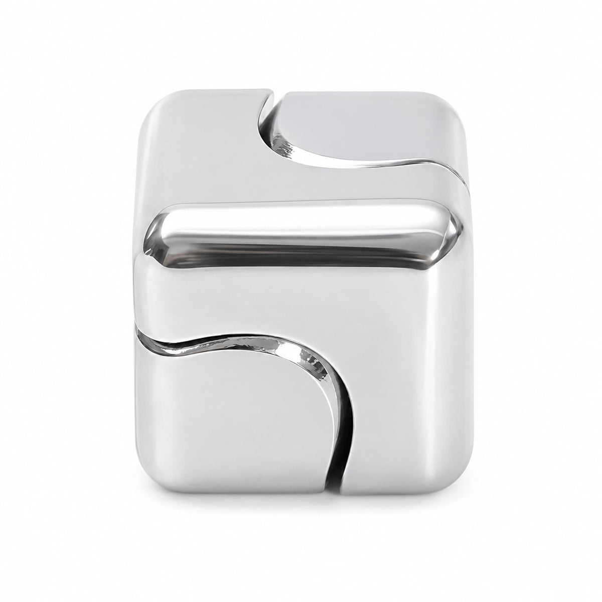 Silver alloy fidget cube with a reflective finish and curved panel edges