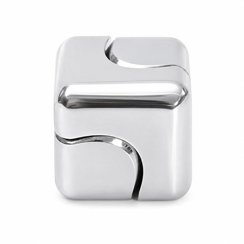 Silver alloy fidget cube with a reflective finish and curved panel edges