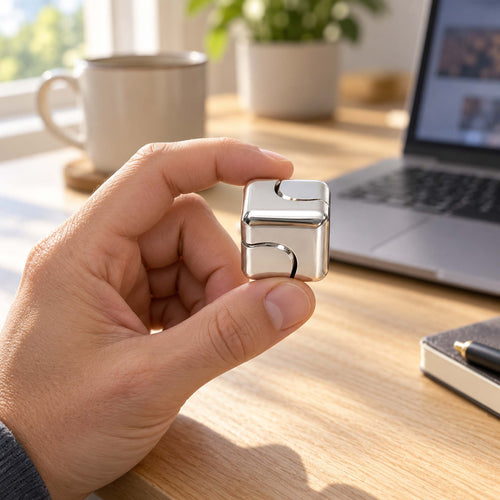 Silver metal fidget cube held between fingers, showing its compact size