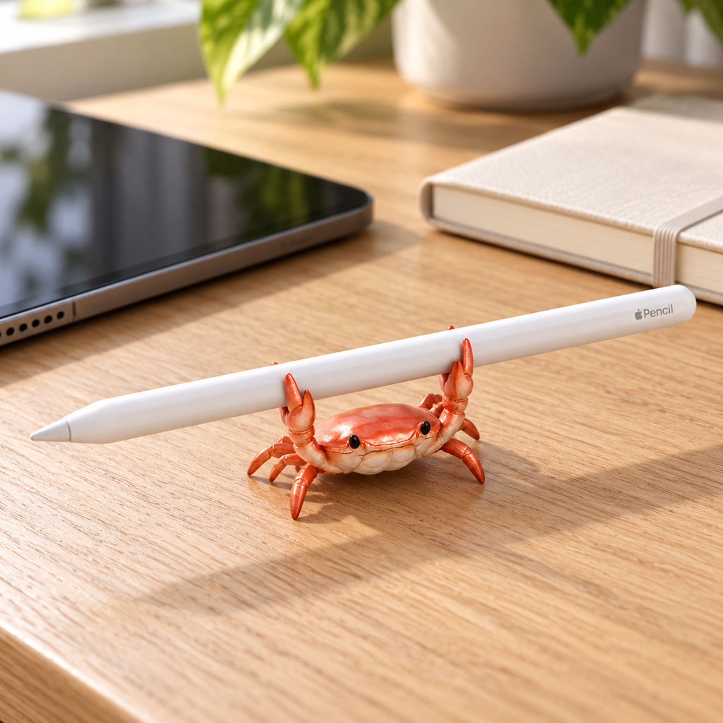 Mini crab pen holder balancing a stylus beside a digital tablet on office desk