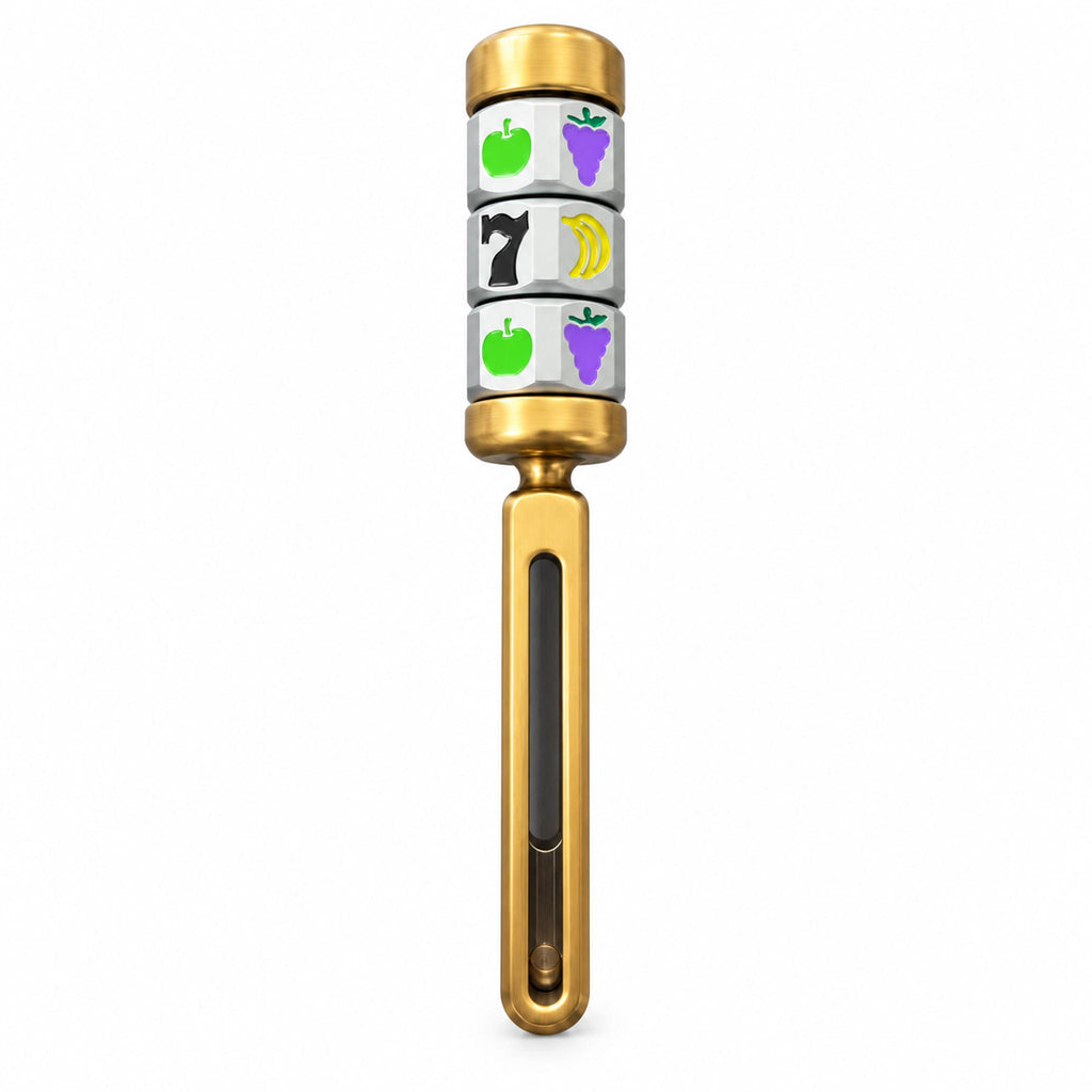 Slender brass kinetic desk fidget roller with lucky 7 reels on studio backdrop
