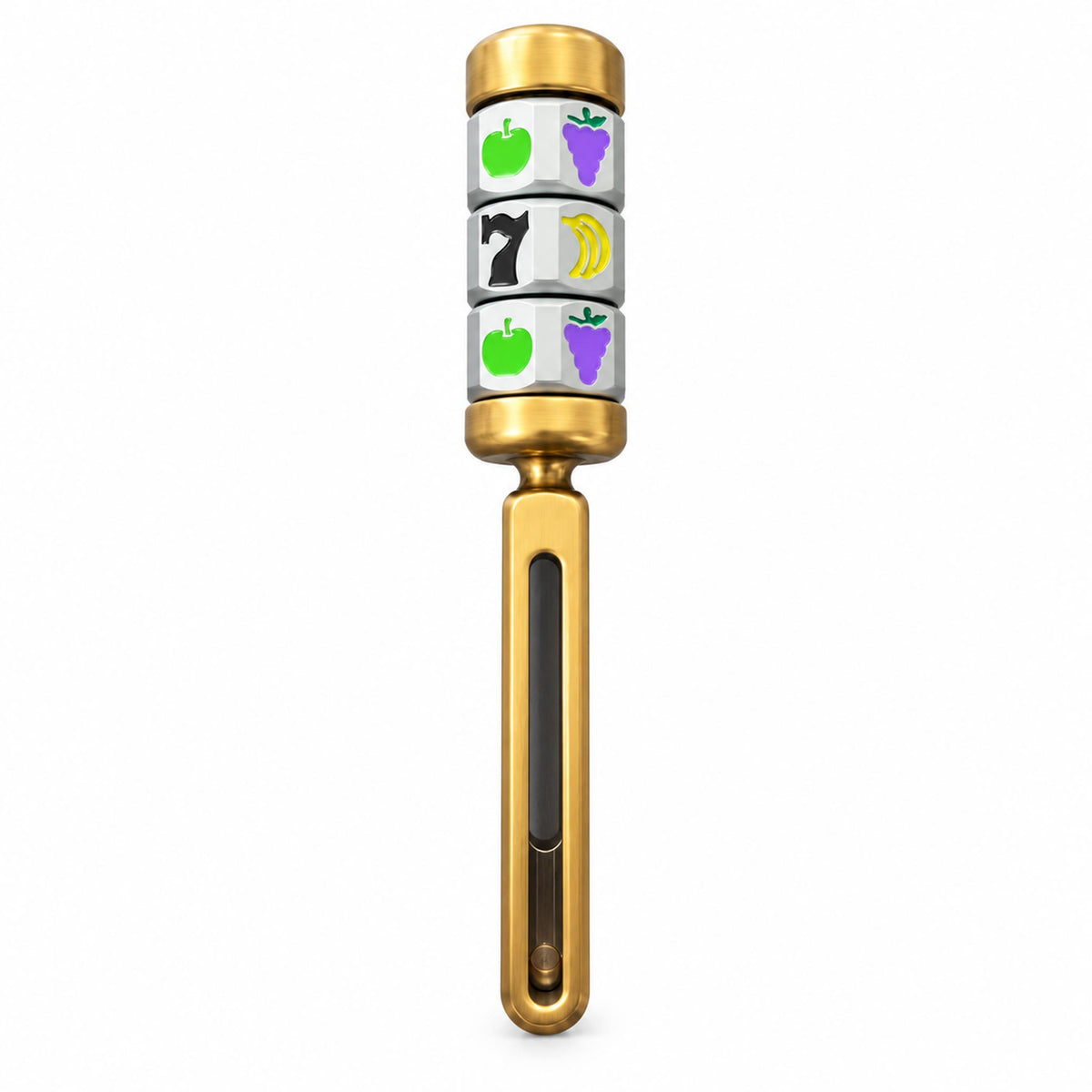Slender brass kinetic desk fidget roller with lucky 7 reels on studio backdrop
