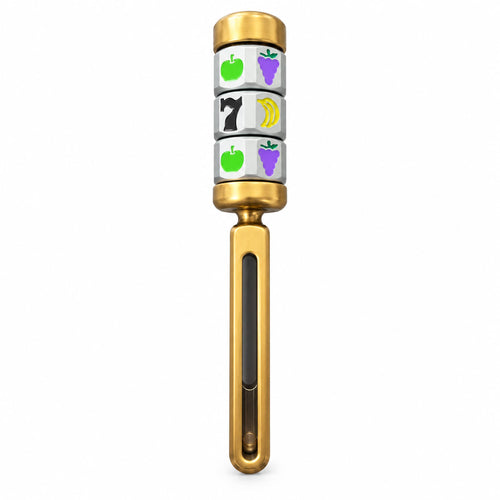 Slender brass kinetic desk fidget roller with lucky 7 reels on studio backdrop