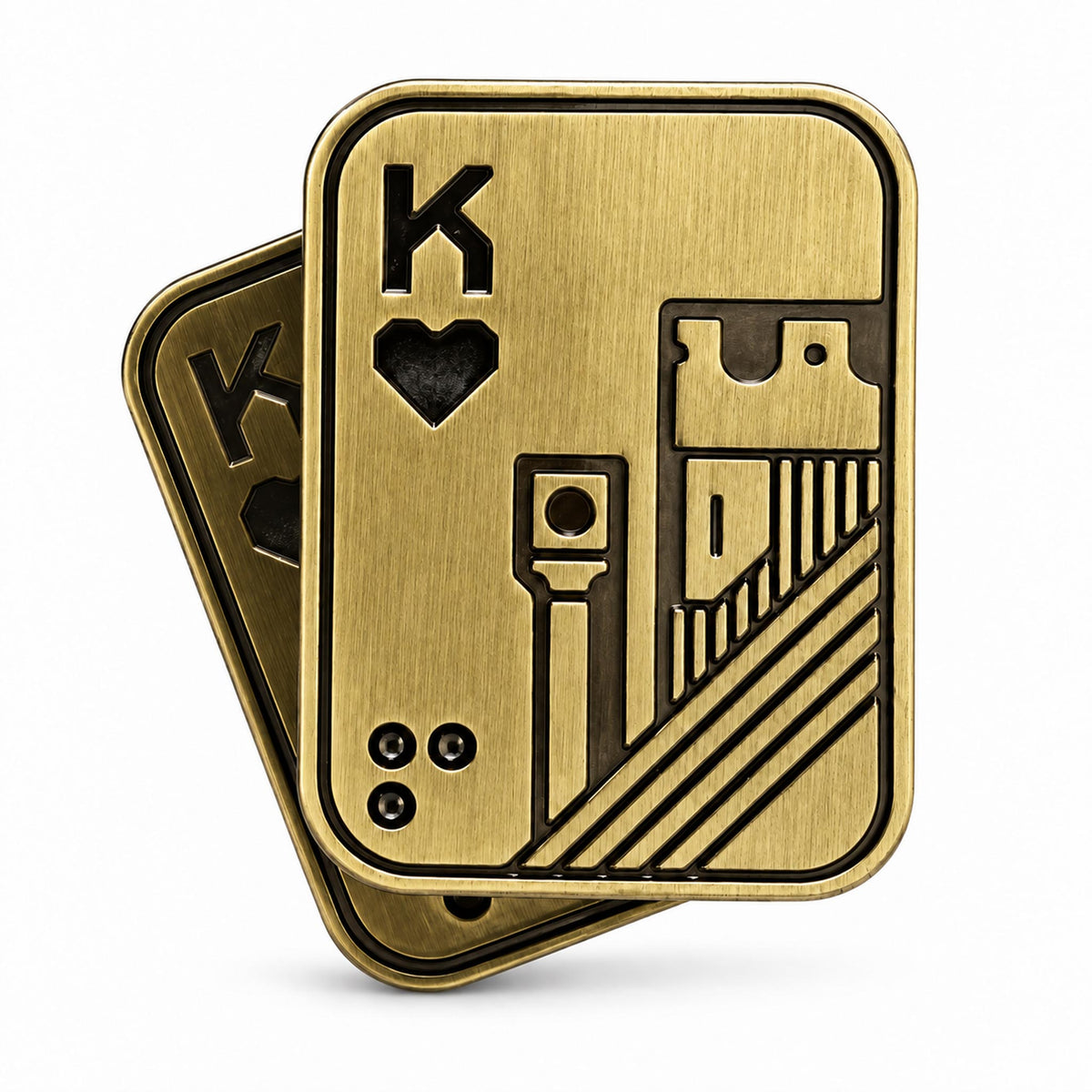 Antique bronze King of Spades poker fidget slider standing on white background