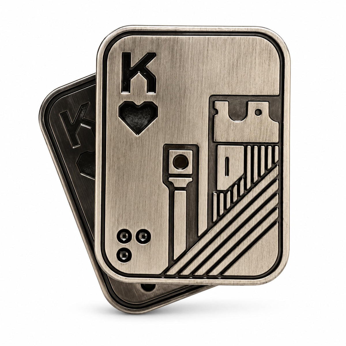 Metallic silver King of Spades fidget slider on white studio backdrop