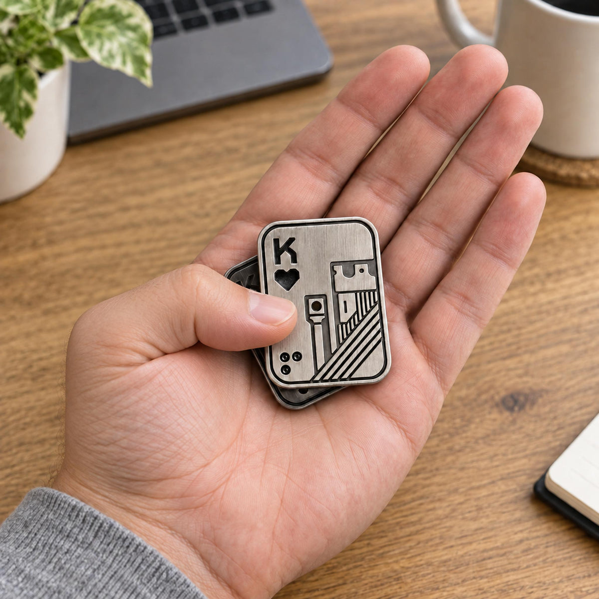 Hand pushing silver King of Spades metal fidget slider on modern office desk