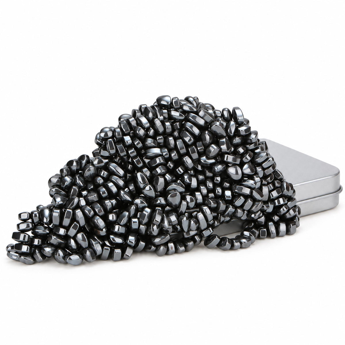 Sleek black 600-piece mini magnetic pebble fidget set with metal storage tin