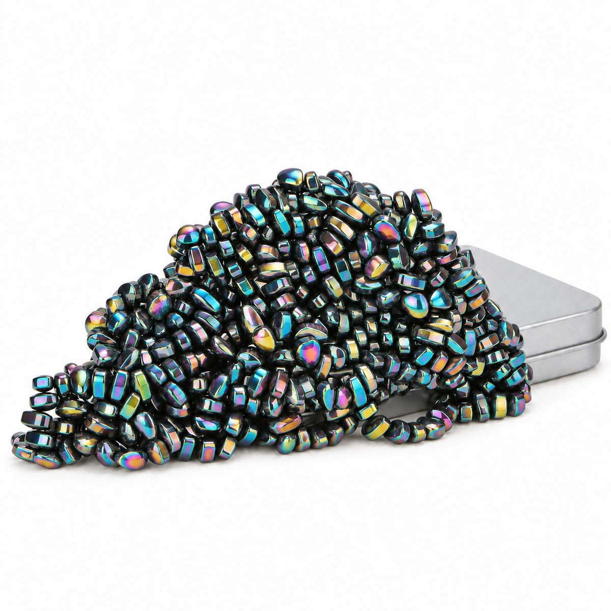 Iridescent multicolor mini magnetic pebble sensory desk toy in metal container