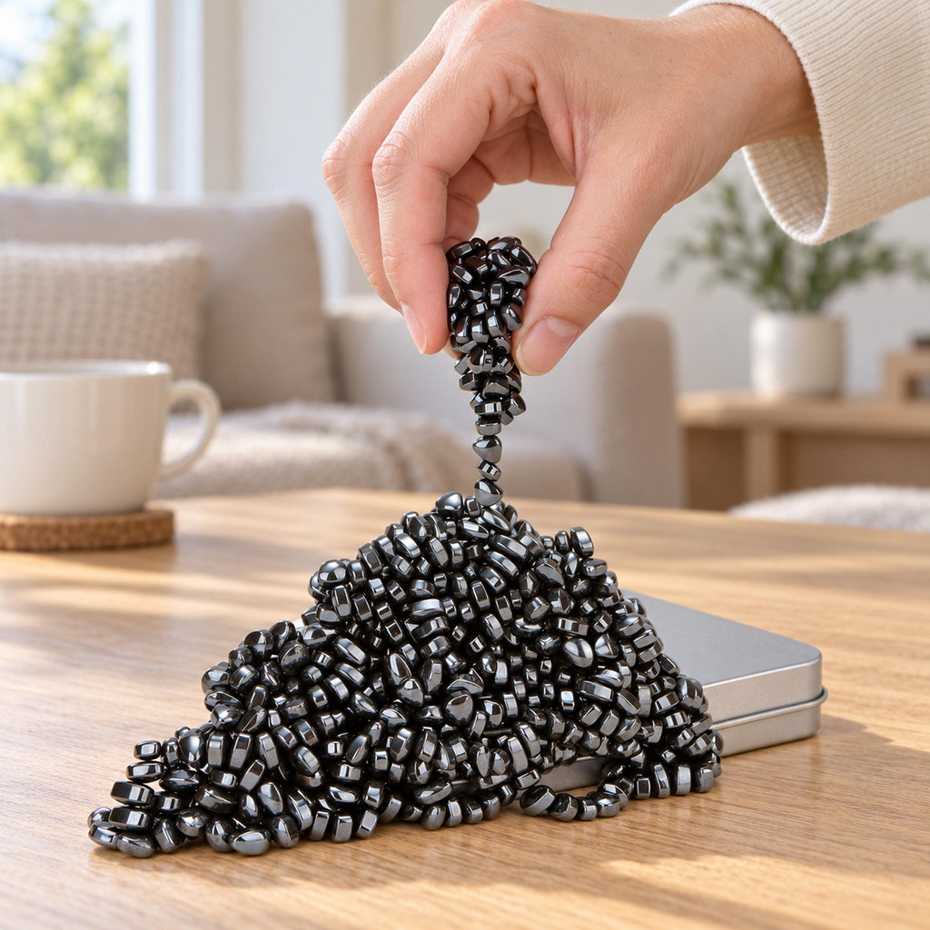 Hands molding and stretching black magnetic pebble stones for desk stress relief
