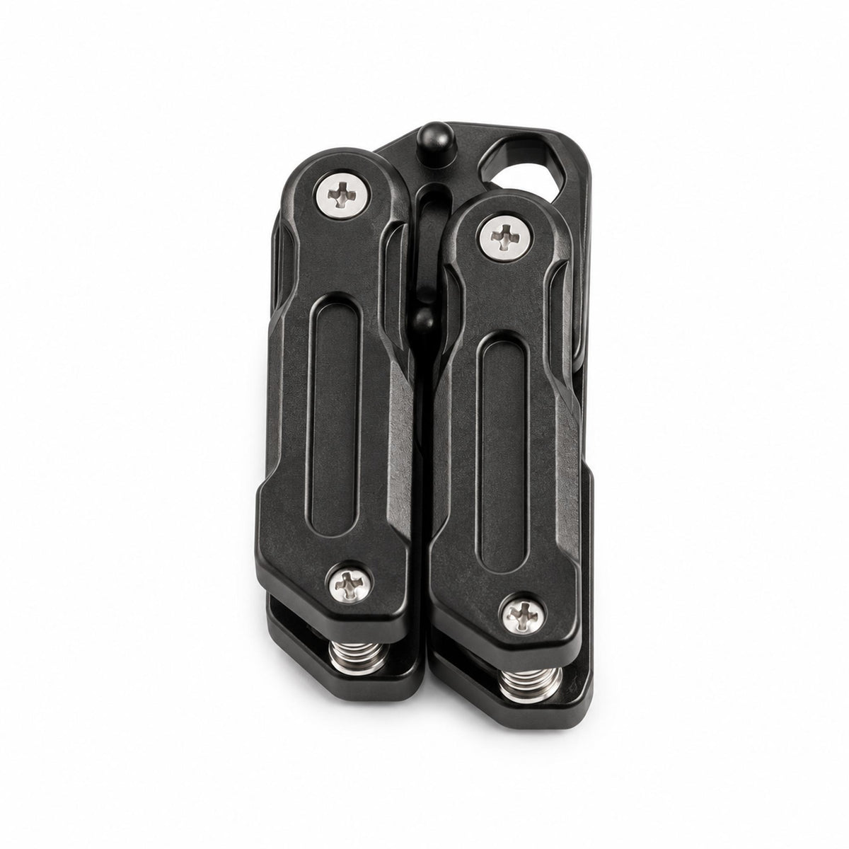 Compact black mechanical folding fidget and bottle opener on white background