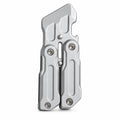 Metallic silver dual-pivot folding mechanical fidget tool on white background