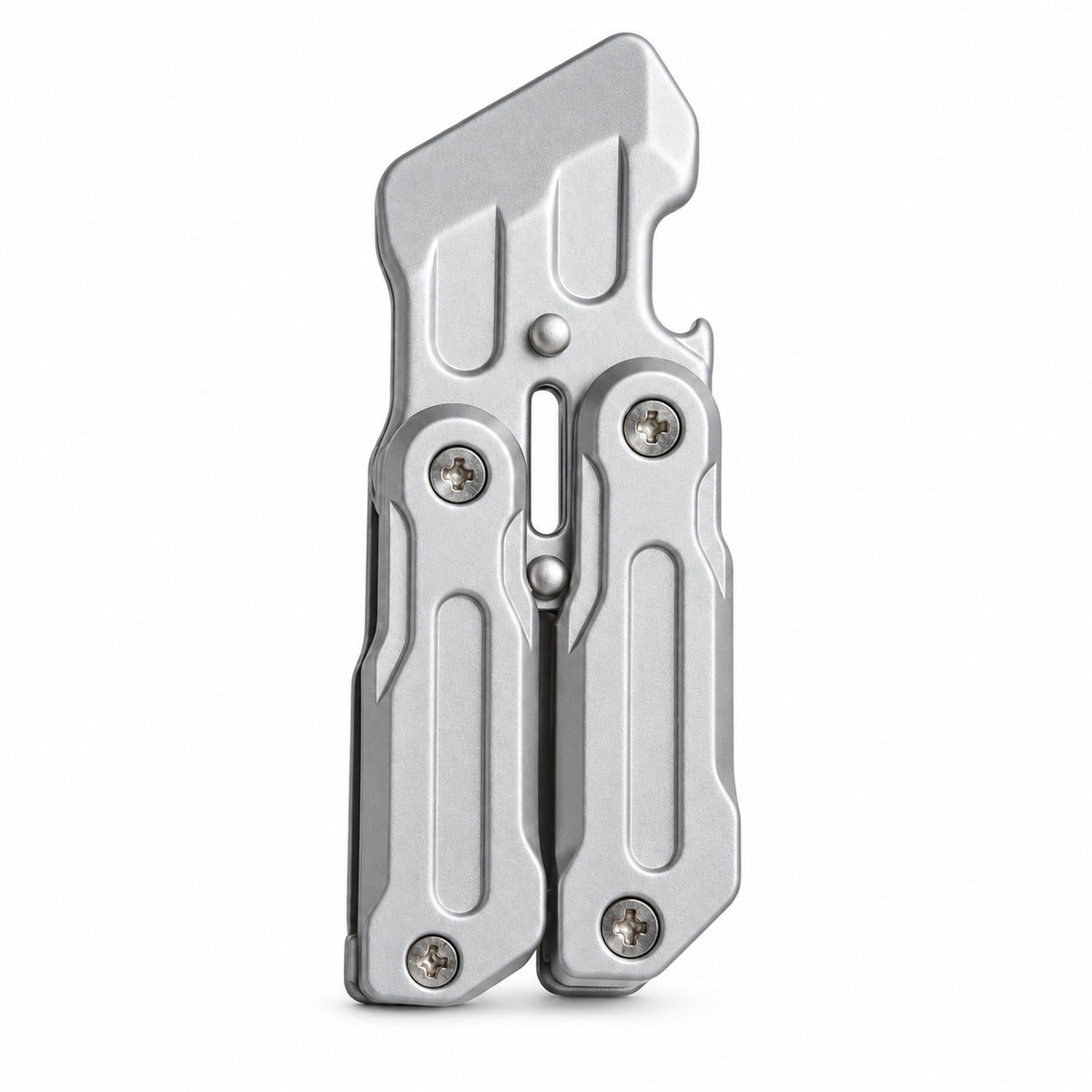 Metallic silver dual-pivot folding mechanical fidget tool on white background
