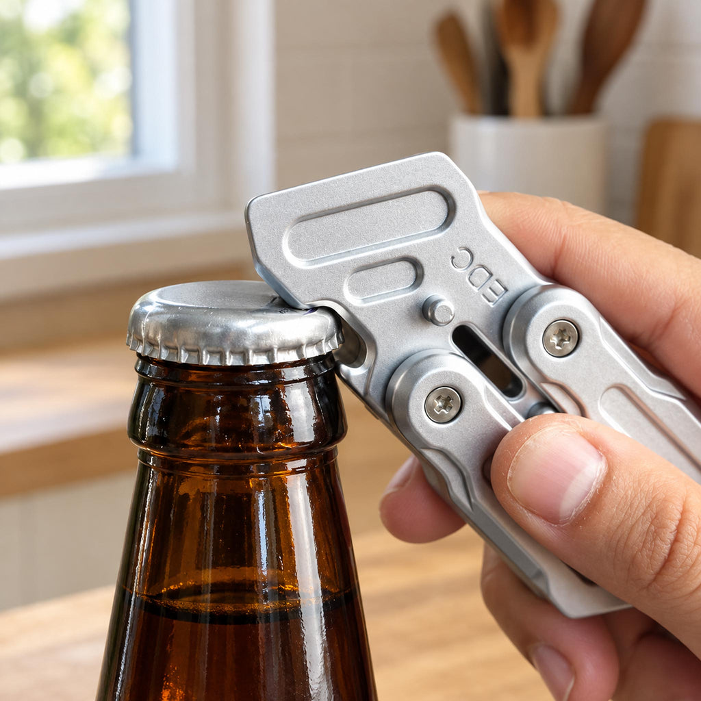 Hand using silver folding EDC fidget tool to open capped bottle at office desk