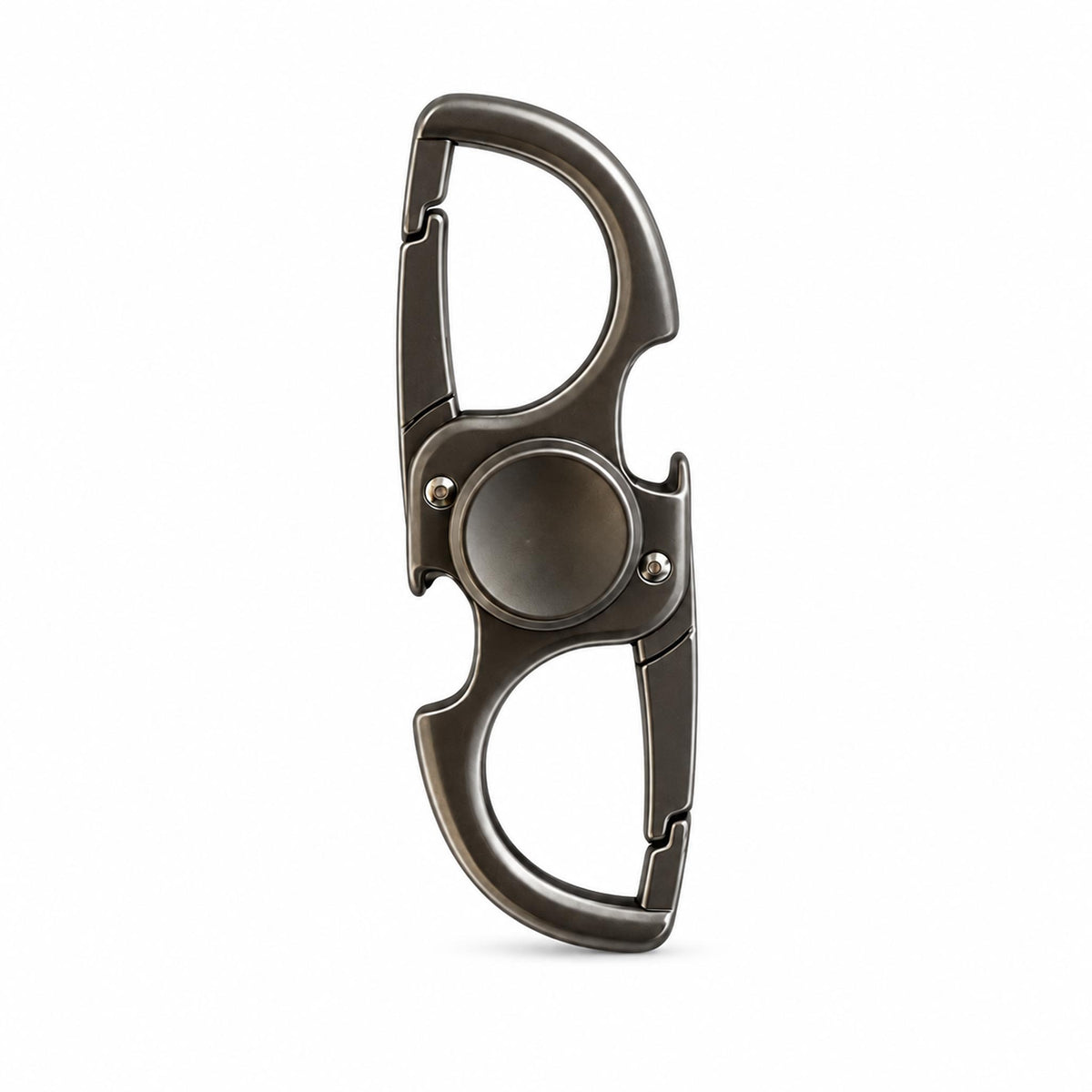 Matte black dual clip keychain fidget spinner and bottle opener on white backdrop