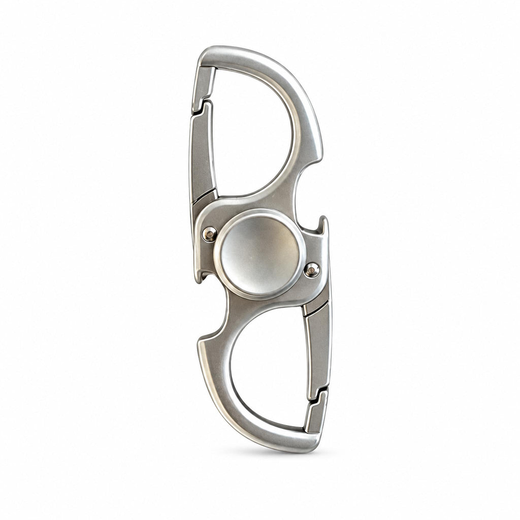 Polished silver dual carabiner keychain fidget spinner tool on white backdrop