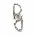 Polished silver dual carabiner keychain fidget spinner tool on white backdrop