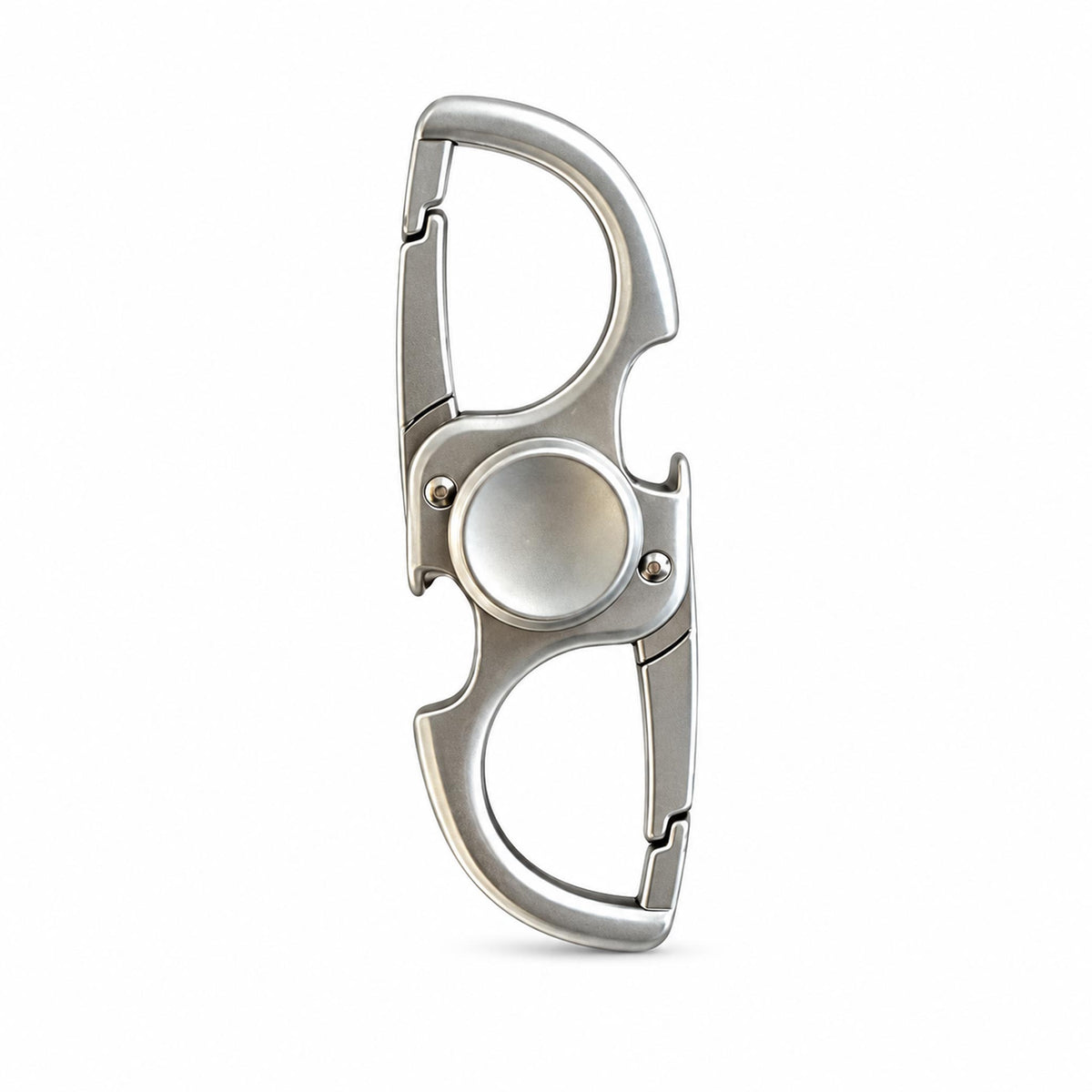 Polished silver dual carabiner keychain fidget spinner tool on white backdrop