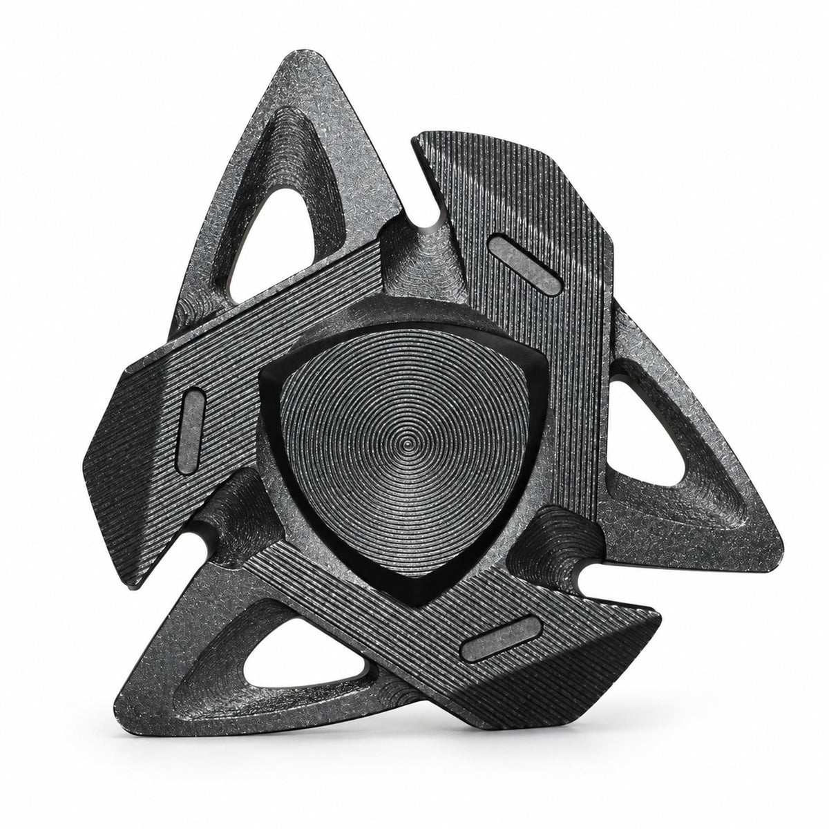 Matte black shark fin metal EDC fidget spinner on clean white backdrop