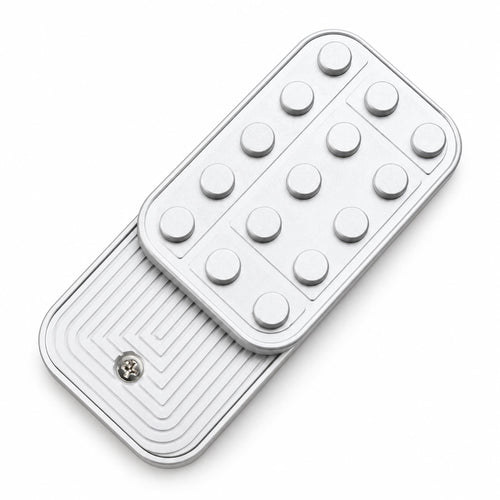 Pure white studded metal fidget slider standing upright on studio background