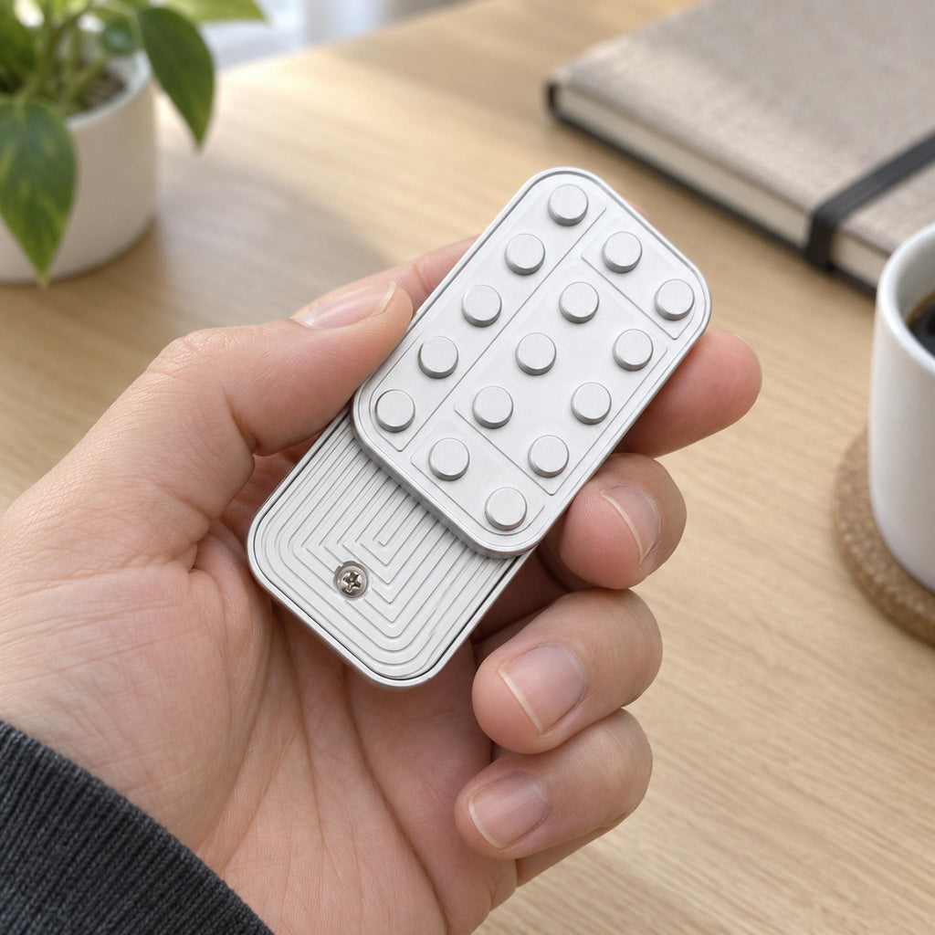 Hand sliding white metal tactile fidget toy during office desk work session