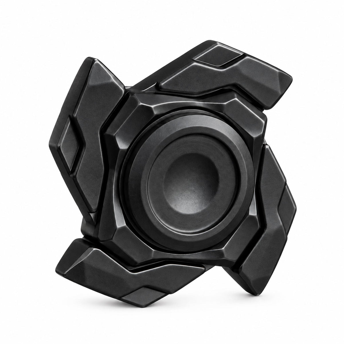 Matte black transforming metal EDC fidget spinner in folded desk layout