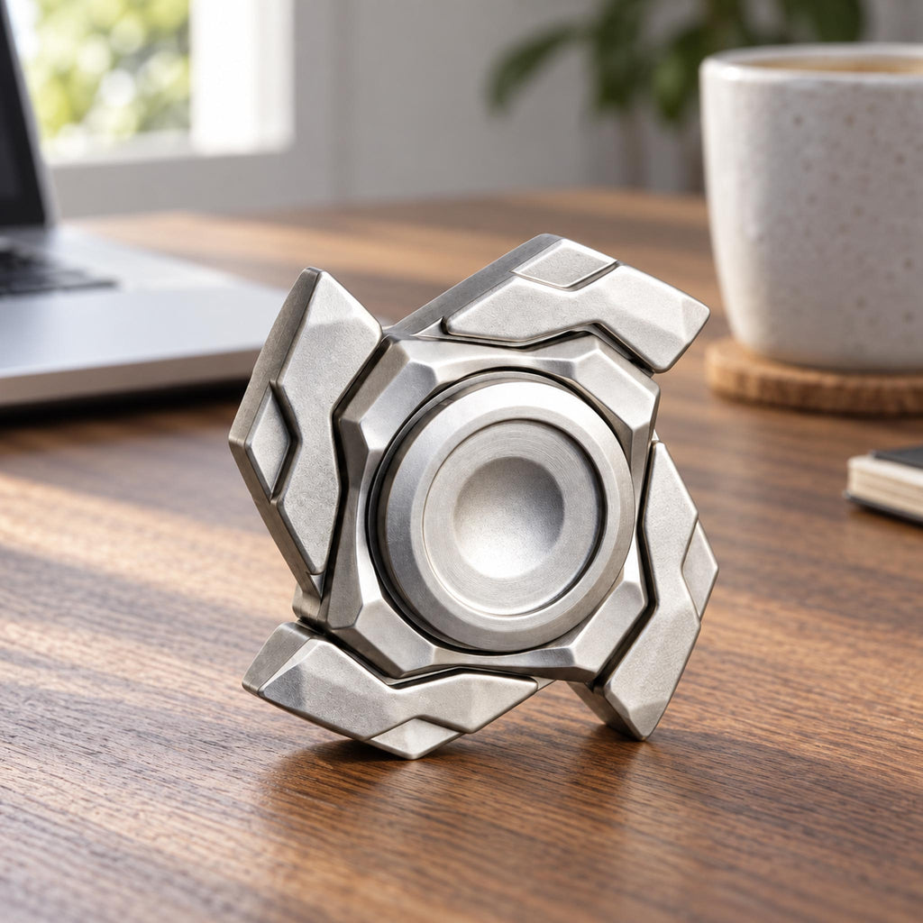 Silver 4-arm mechanical fidget spinner unfolded on executive wooden workspace