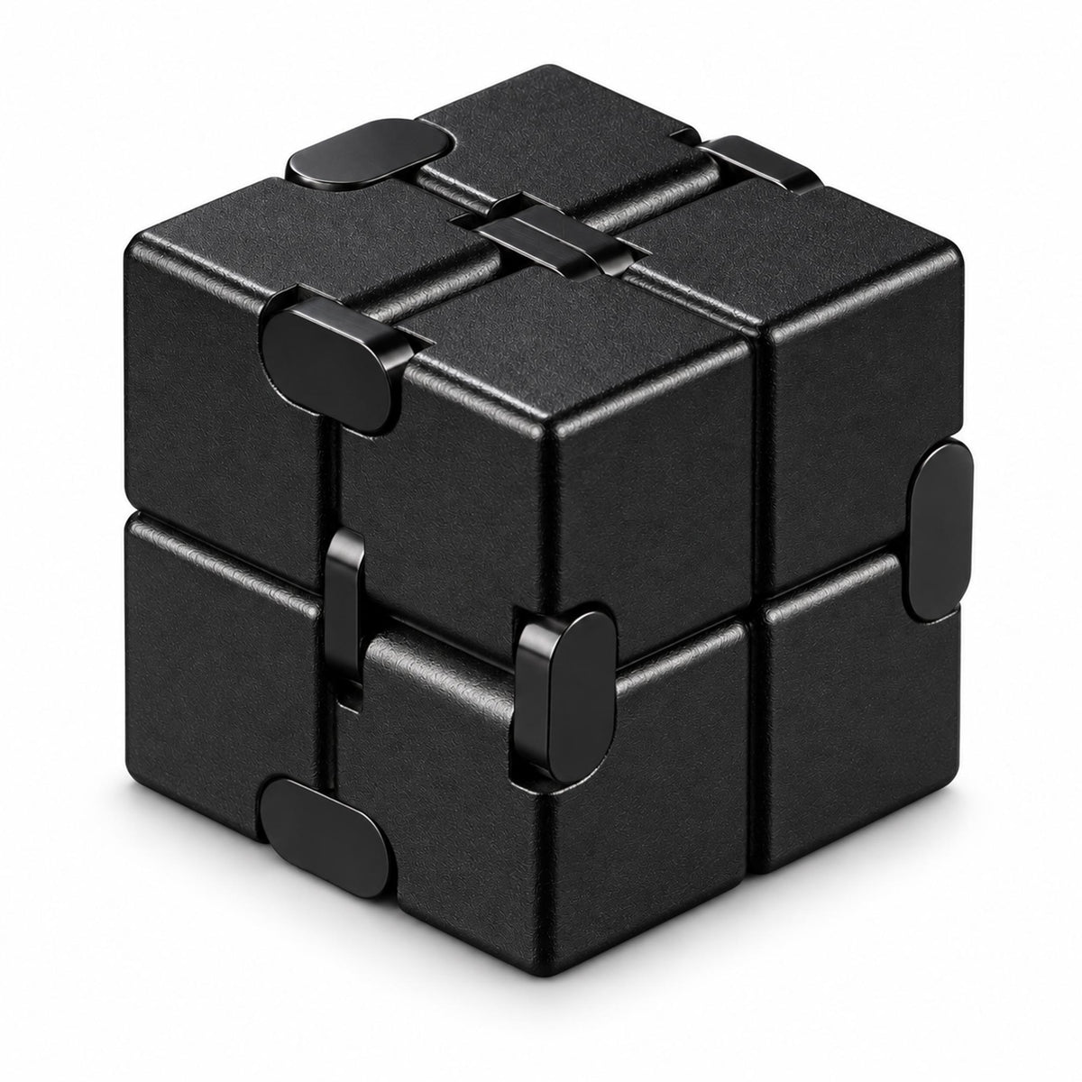 Sleek black metal infinity cube tactile desk toy folded on studio background