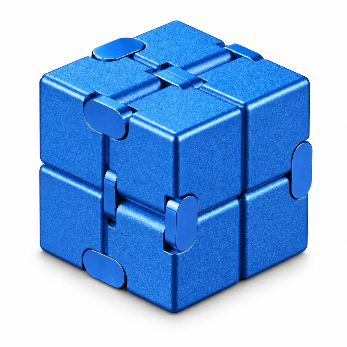 Ocean blue anodized metal infinity cube folding fidget on studio background