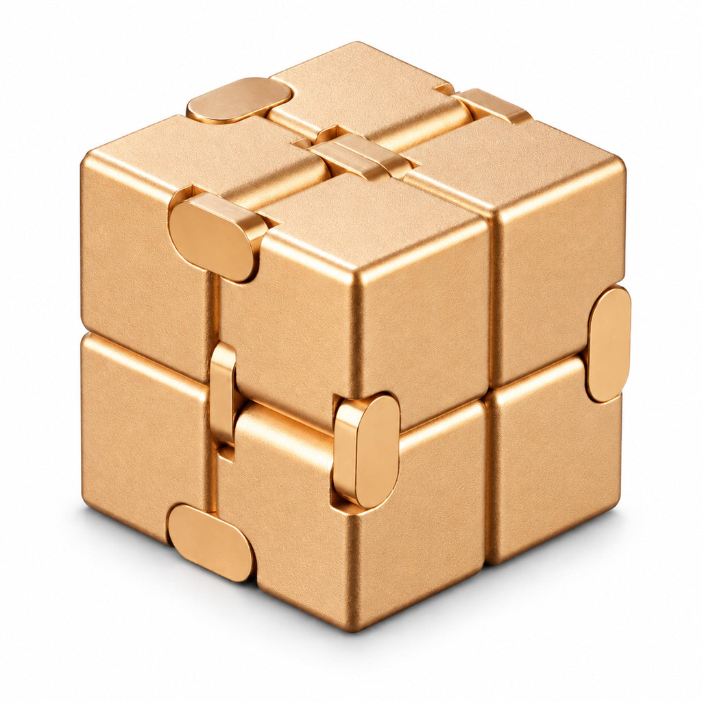 Luxury gold metallic infinity cube desk fidget toy folded on white backdrop