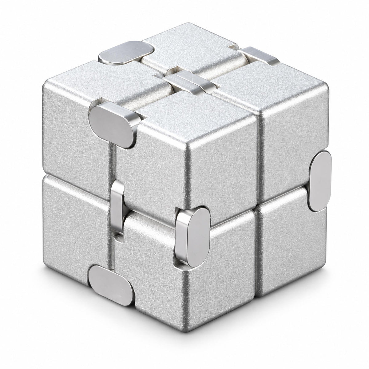 Metallic silver infinity cube desk fidget in cube shape on white background