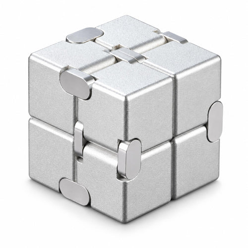 Metallic silver infinity cube desk fidget in cube shape on white background