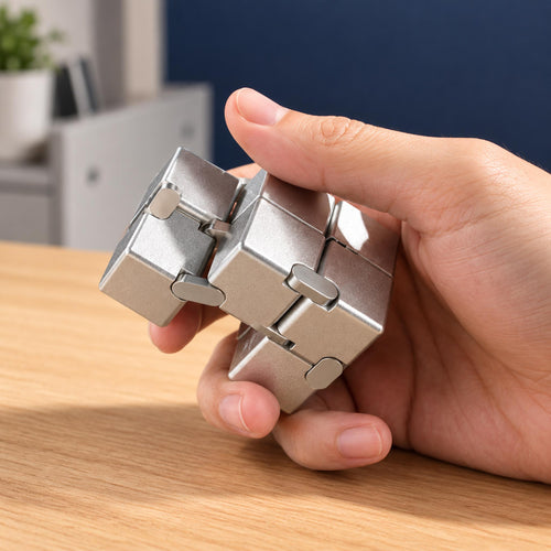 Adult hand folding silver metal infinity cube fidget toy at wooden office desk