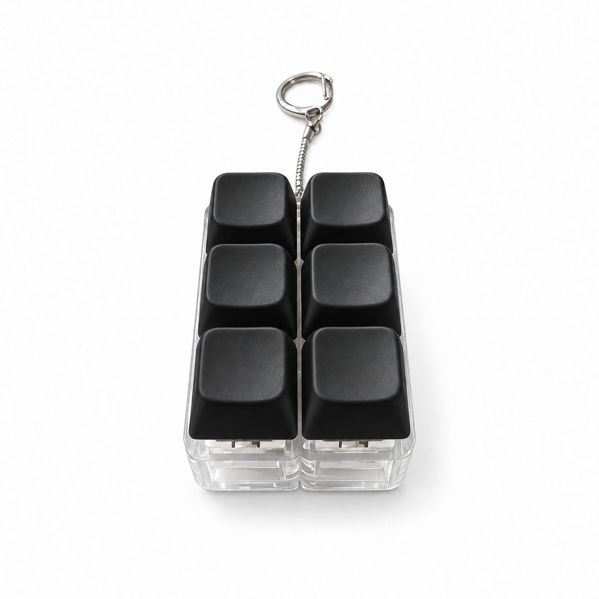 Stealth black 6-key mechanical keyboard fidget keychain on white background