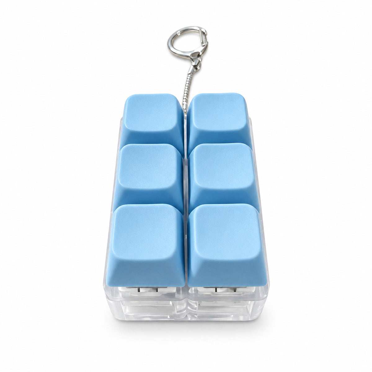 Arctic blue 6-key mechanical keyboard fidget keychain on studio background
