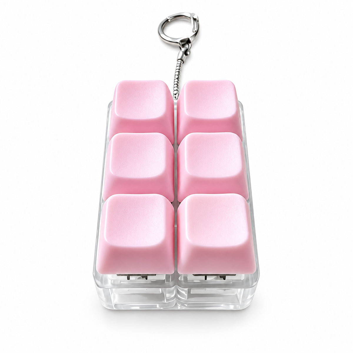 Sakura pink 6-key mechanical keyboard fidget keychain on white studio backdrop