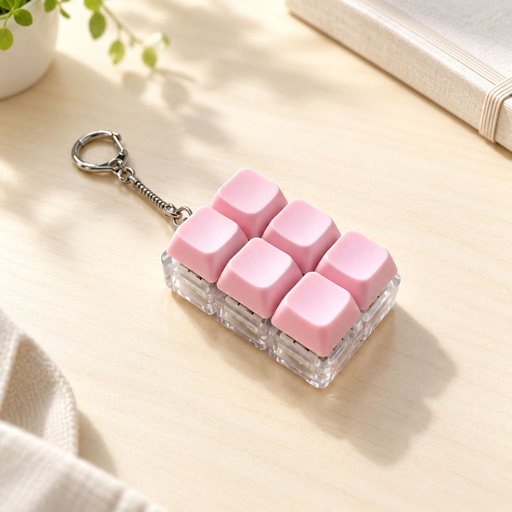 Pink mechanical keyboard clicker keychain resting on wooden office desk mat