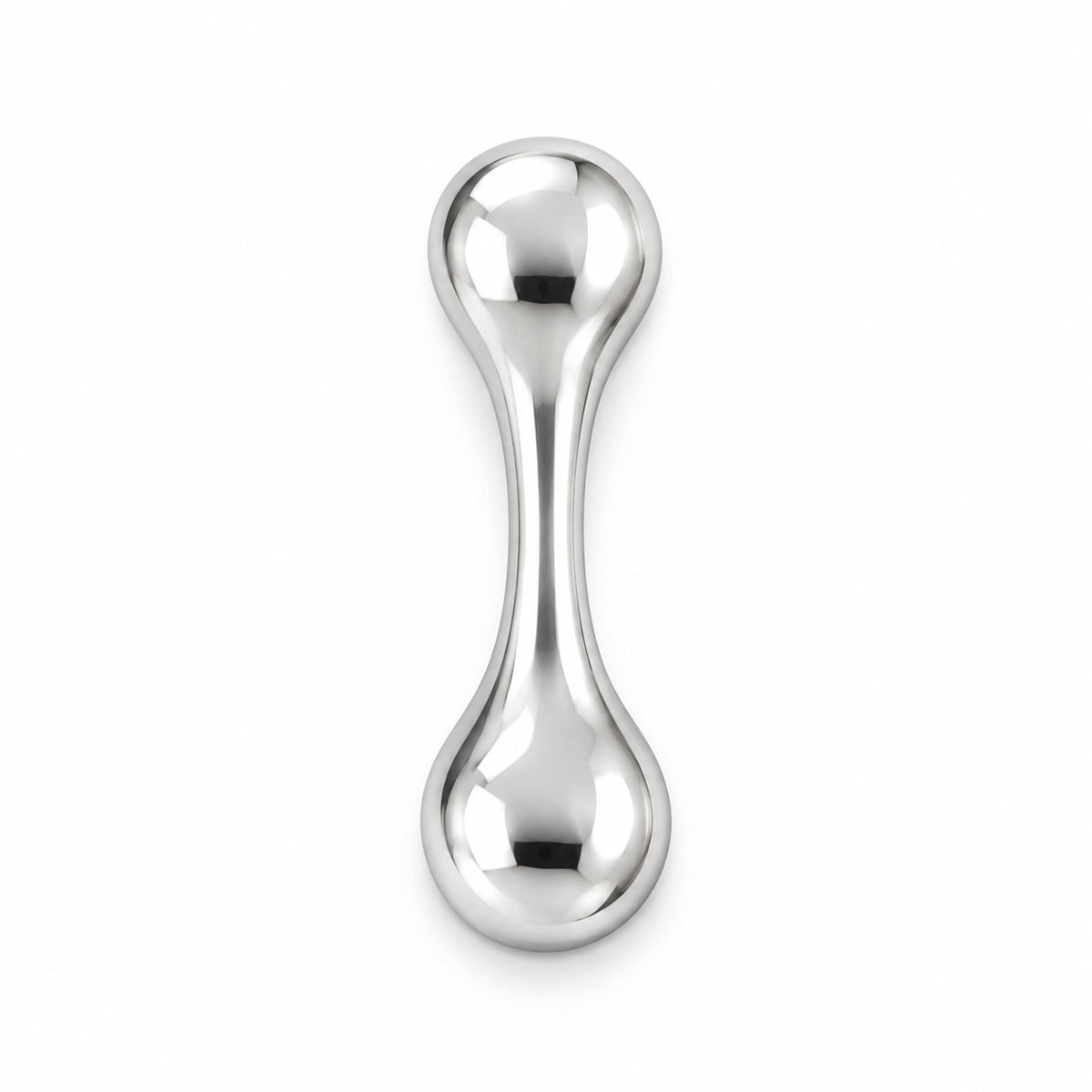 Polished silver metal knucklebone finger fidget skill toy on white backdrop