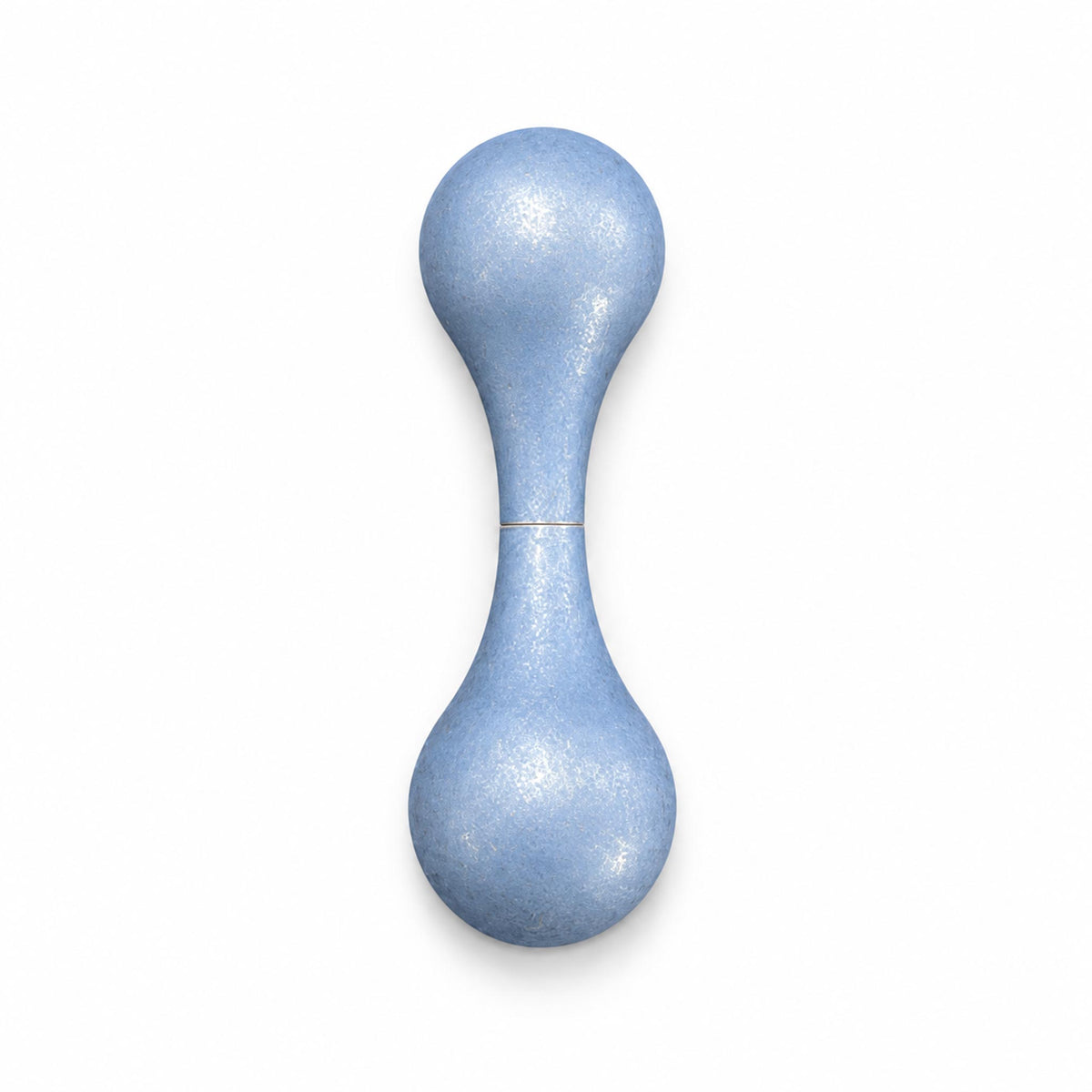 Stonewashed blue metal knucklebone fidget skill toy upright on white background
