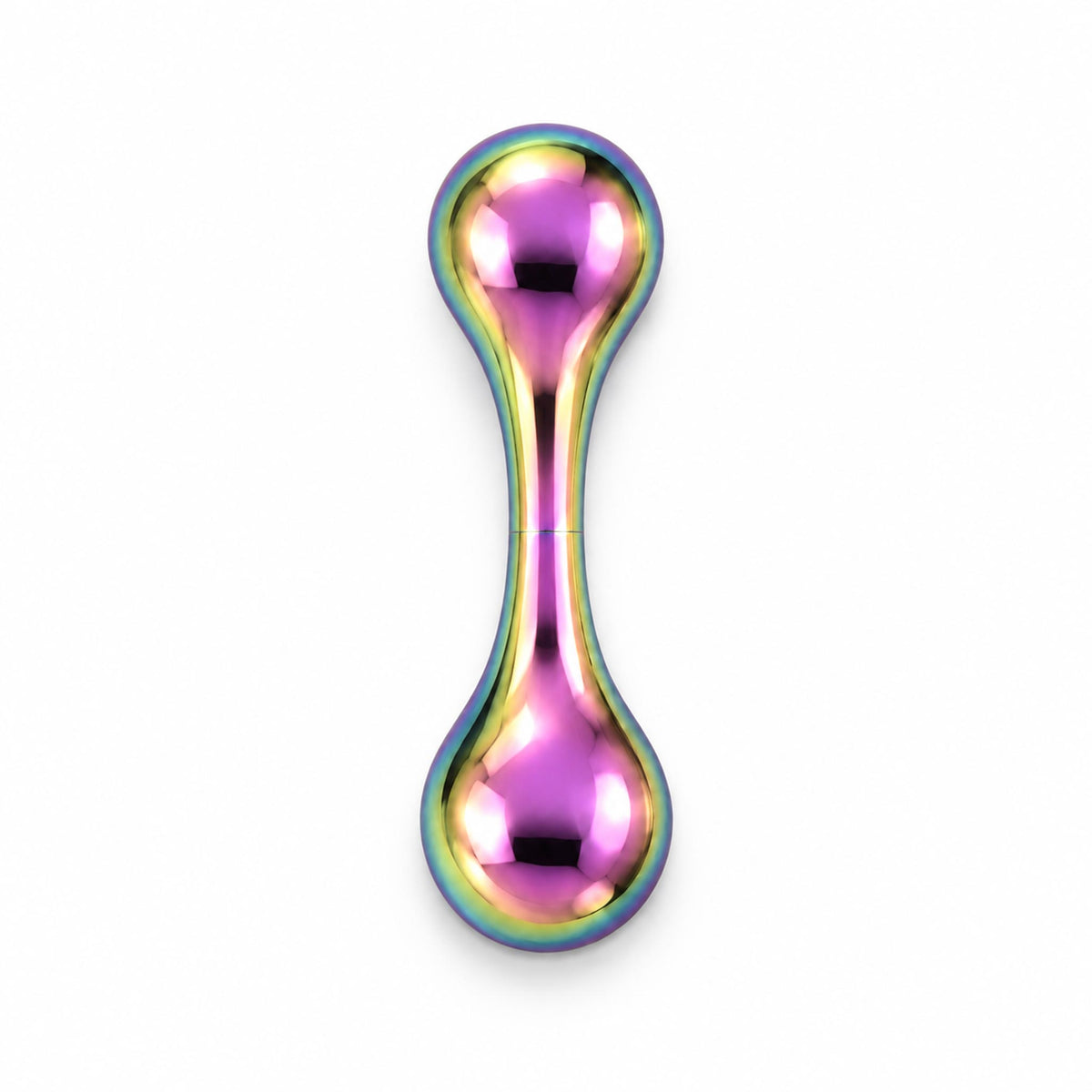 Iridescent rainbow metal knucklebone EDC fidget toy on clean studio background