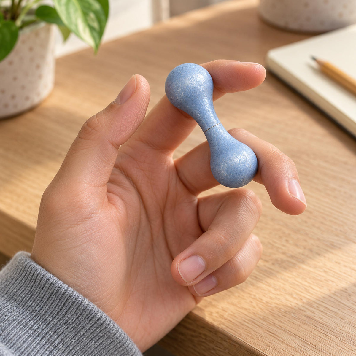 Hand rolling blue metal knucklebone fidget toy during focused office work session