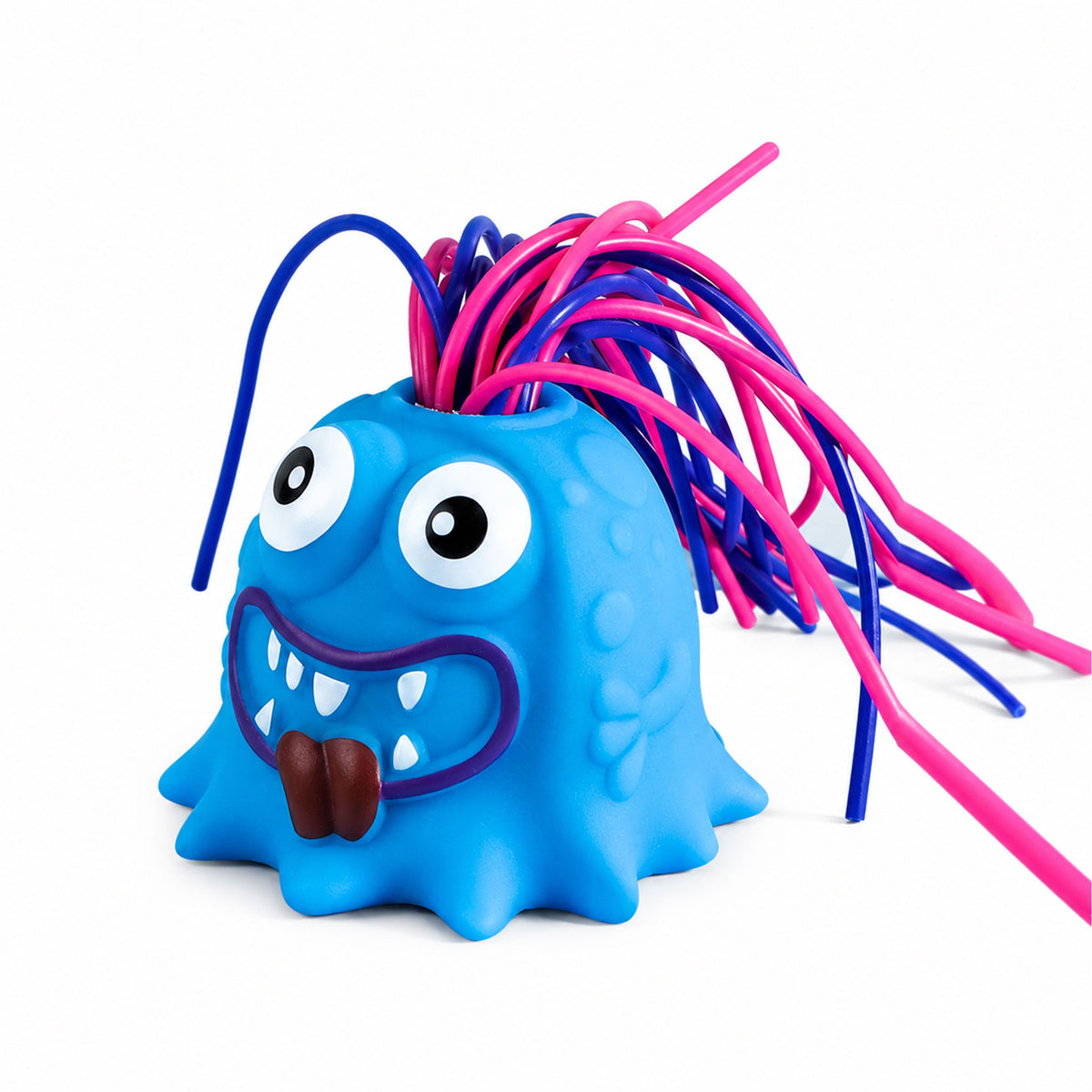 Blue pull-hair screaming monster fidget toy with rubber strands on white