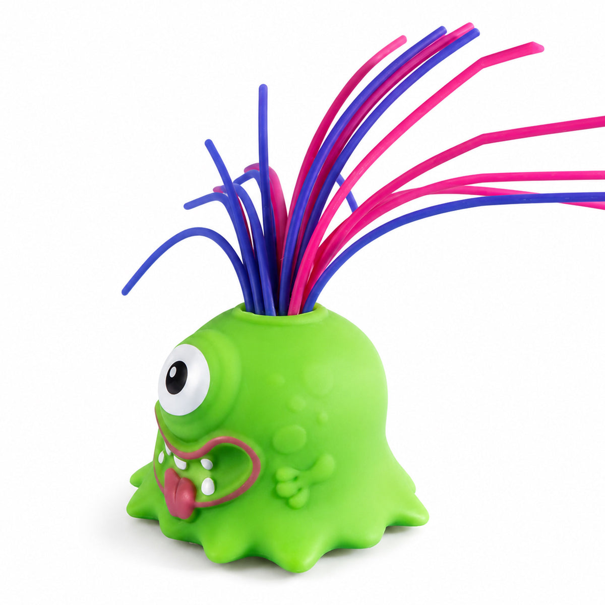 Lime green screaming monster desk fidget toy with flexible hair on white