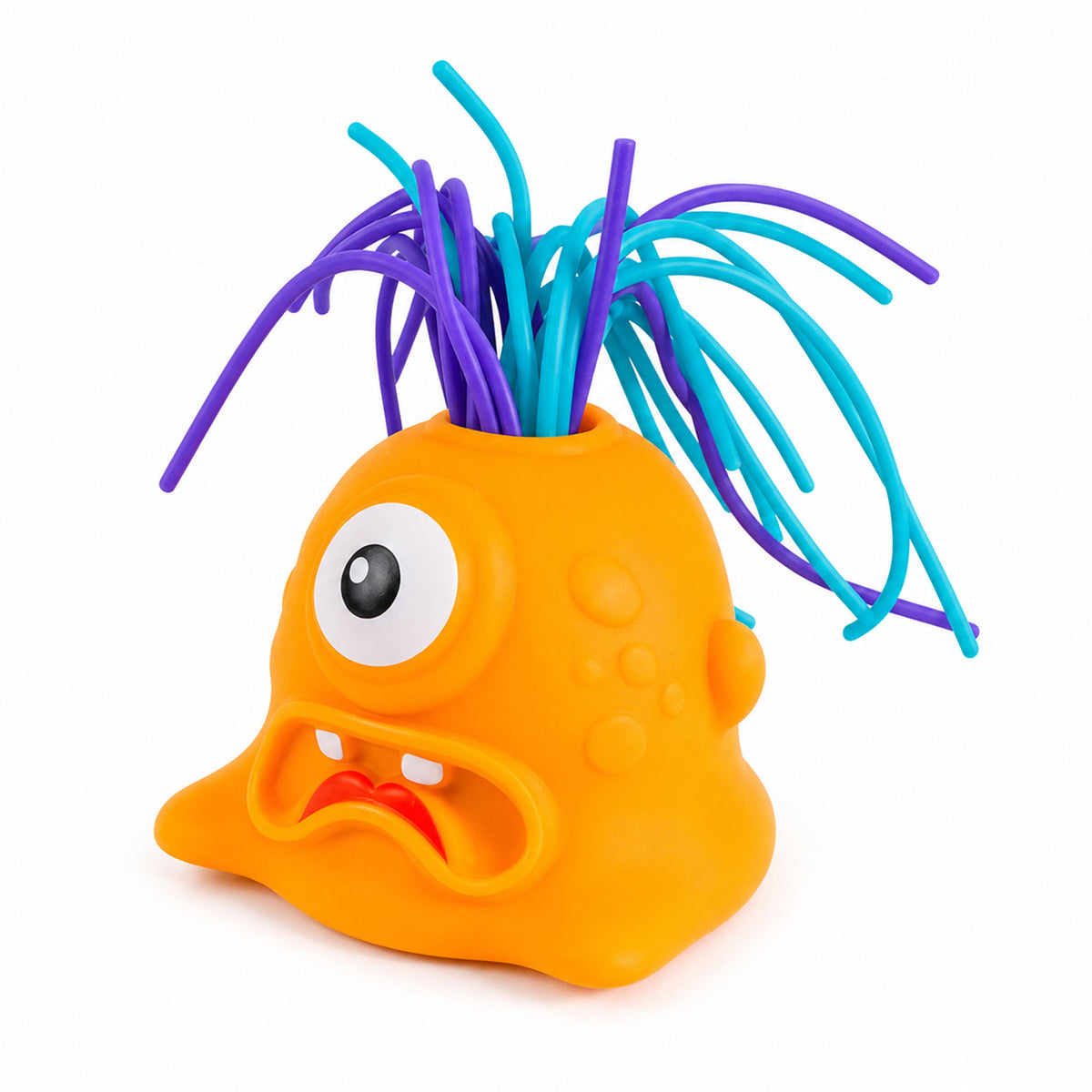 Vibrant orange pull-hair screaming monster sound fidget toy on studio background