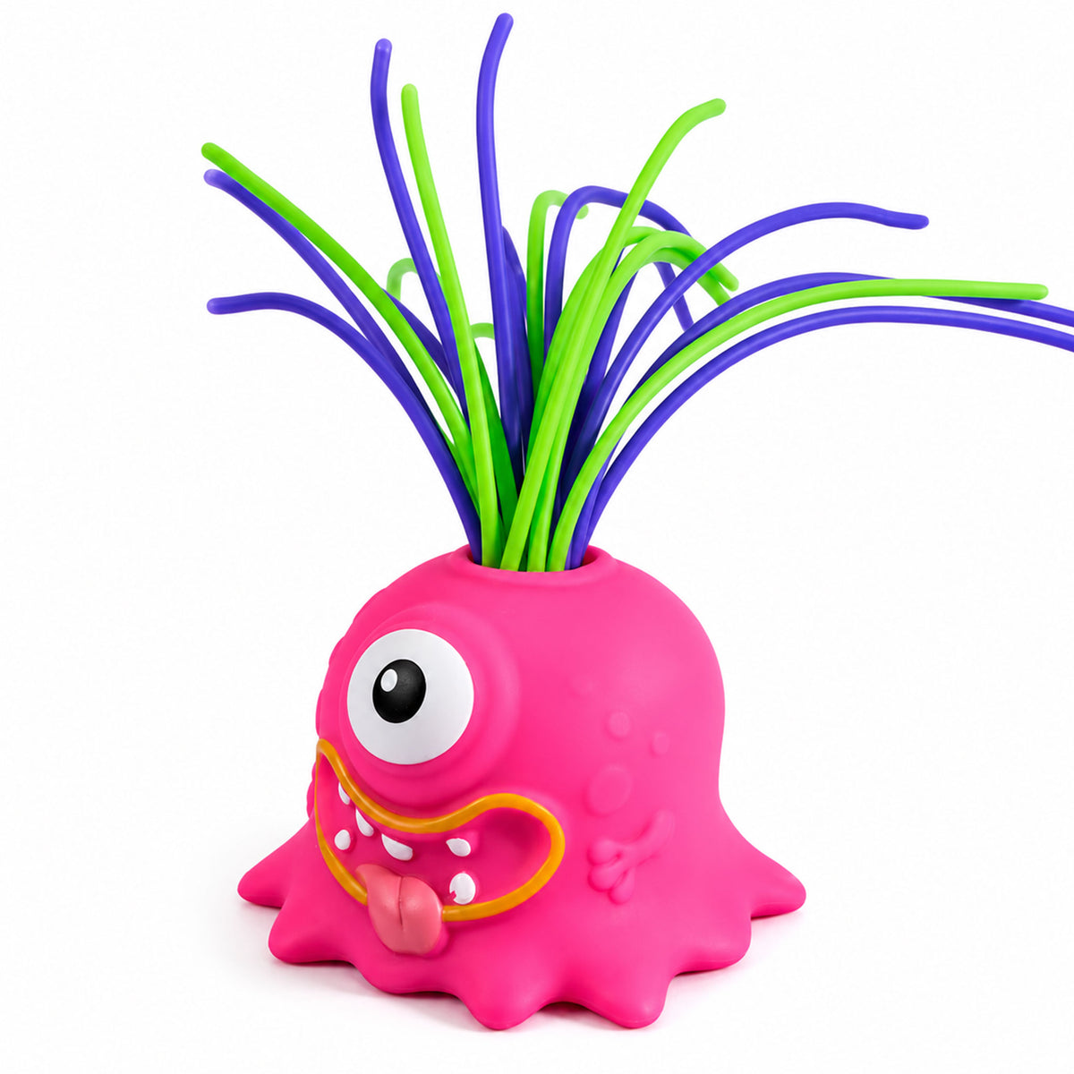 Bright pink screaming monster sound desk gadget with wild rubber hair on white